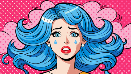 Upset Woman with Blue Hair Crying Pop Art Illustration