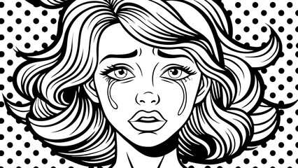 Pop Art Style Illustration of a Crying Woman with Long Hair