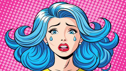 Upset Woman with Blue Hair Crying Pop Art Illustration