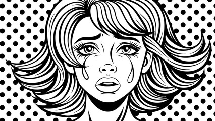 Crying Woman Pop Art Style Black and White Illustration