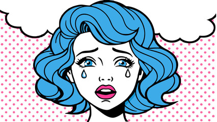 Upset Woman with Blue Hair Pop Art Style Illustration