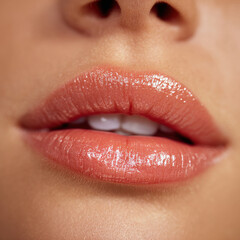 Shiny youthful lips glisten with soft, natural gloss, reflecting light beautifully. close up captures smooth texture and vibrant color, evoking sense of freshness and allure