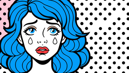 Sad Woman with Blue Hair Pop Art Style Illustration