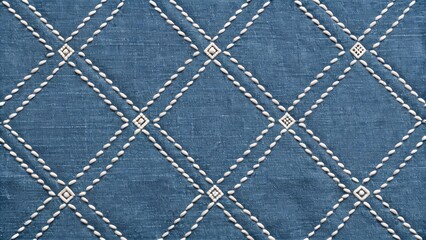 Obraz premium Blue Denim Quilted Diamond Pattern with White Stitching Background
