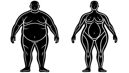 Obese Male and Female Body Shapes Black Silhouette Illustration
