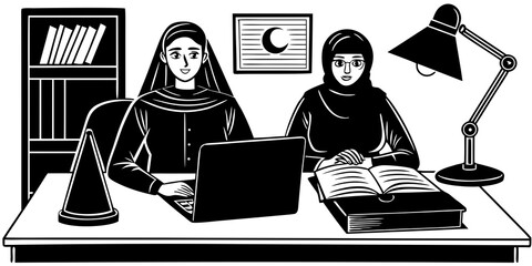 Two Muslim Women Studying Together at a Desk with Books and Laptop