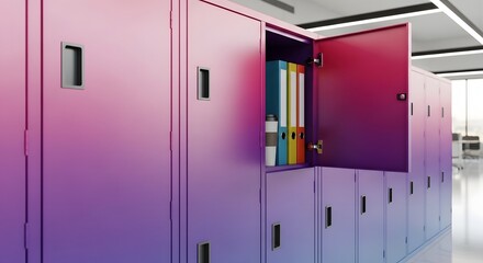 View of lockers in a modern office with one open showing folders and a cup in a colorful setting
