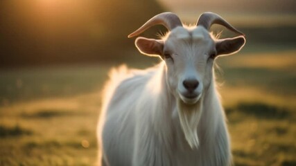 Gentle white goat basking in warm golden hour light in serene open fields outdoors