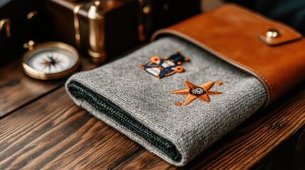 Fototapeta premium World Scout Scarf Day. Gray woolen blanket with patches on wooden surface and vintage compass