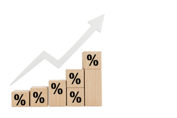 Rising arrow and wooden blocks with percentage symbols representing financial growth, success, or interest rate increase, isolated on transparent background