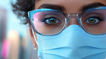 A realistic close-up of a female healthcare worker in a blue mask, her intense eyes catching soft neon reflections from an urban medical facility.