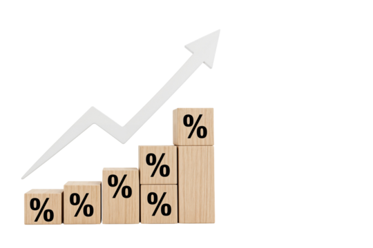 Rising arrow and wooden blocks with percentage symbols representing financial growth, success, or interest rate increase, isolated on transparent background - Powered by Adobe