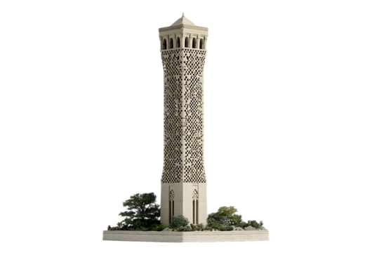 Architectural model of a tall, ornate tower.