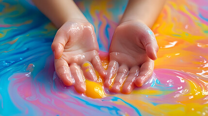 acercamiento de las manos de un ni&ntilde;o usando pintura para jugar y explorar conocimientos recreativos y educativos materiales sensoriales coloridos 