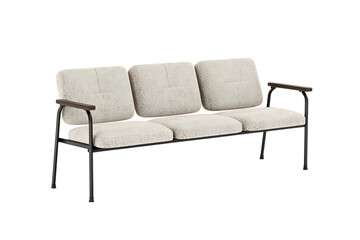 Modern three seater sofa with beige cushions.