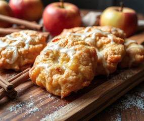 Delicious apple pastries adorned with creamy glaze and warm cinnamon on a rustic wooden platter