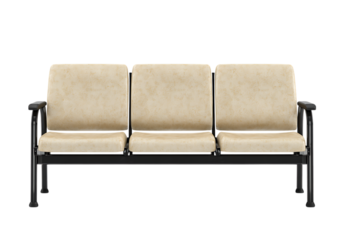 Three seater waiting room bench, beige cushions, black frame.