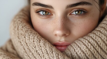 A tender female portrait with her face wrapped in a thick wool sweater, the warmth of natural textures and diffused lighting creating an intimate, cinematic sense of softness and realism.