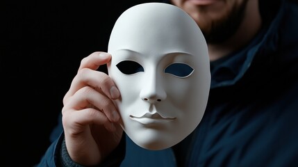 Close-up of a person gently clutching a plain white mask, with moody shadows and intense lighting creating a rich psychological and symbolic visual narrative.