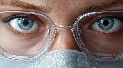 Close-up of a female medical professional wearing a blue mask, with glowing city lights reflecting in her focused eyes, combining urban style with clinical precision.