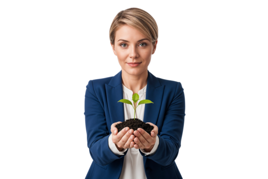 Confident businesswoman in a blue suit holding a small plant with soil, symbolizing business growth and sustainability, isolated on transparent background