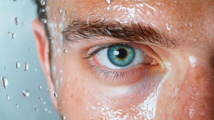 A close-up of male eyes intensely observing an object encased in water droplets, with a focus on tactile detail and immersive depth.