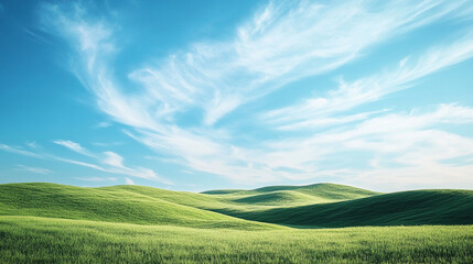 Obraz premium realistic landscape of rolling green hills under a bright blue sky with wispy clouds, soft daylight, peaceful and timeless scene