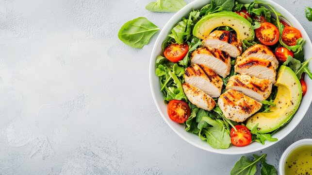 Grilled chicken breast salad with avocado, tomatoes, arugula and fresh greens on minimalist backdrop, promoting healthy eating habits