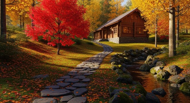 Cozy log cabin nestled in a vibrant forest during peak autumn foliage season