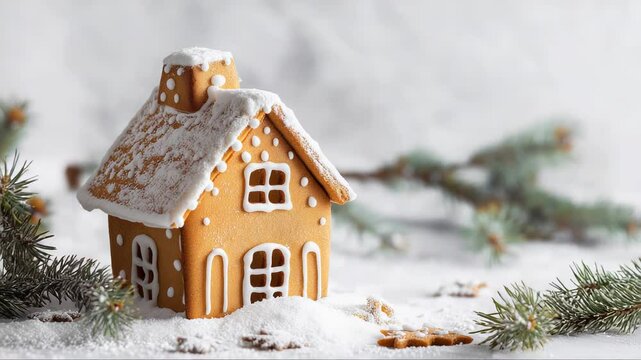 Gingerbread house with icing and powdered sugar stands on snow with fir branches and gingerbread cookies