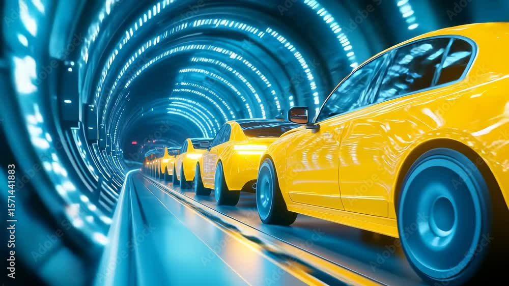 Poster yellow electric cars moving through high-tech illuminated tunnel with digital light patterns. precis