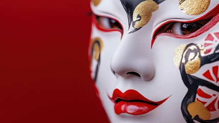 A figure adorned with an expressive Japanese Noh mask, seen in various perspectives, dramatic red backdrop and sharp contrast emphasizing traditional craftsmanship.