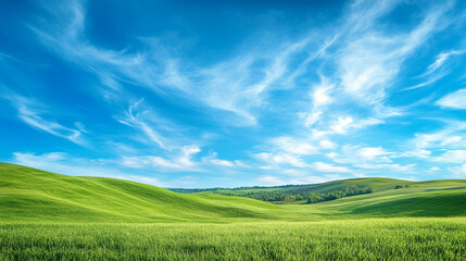 Fototapeta premium realistic landscape of rolling green hills under a bright blue sky with wispy clouds, soft daylight, peaceful and timeless scene