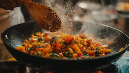 Frying pan full of sizzling salted vegetables, closeup of cooking on stove