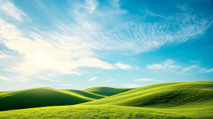 Obraz premium realistic landscape of rolling green hills under a bright blue sky with wispy clouds, soft daylight, peaceful and timeless scene