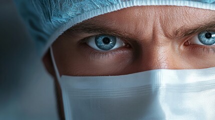 A surgeon in blue scrubs with surgical mask and cap, intensely focused in a sterile, brightly lit operating theater.