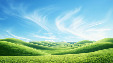Fototapeta premium realistic landscape of rolling green hills under a bright blue sky with wispy clouds, soft daylight, peaceful and timeless scene
