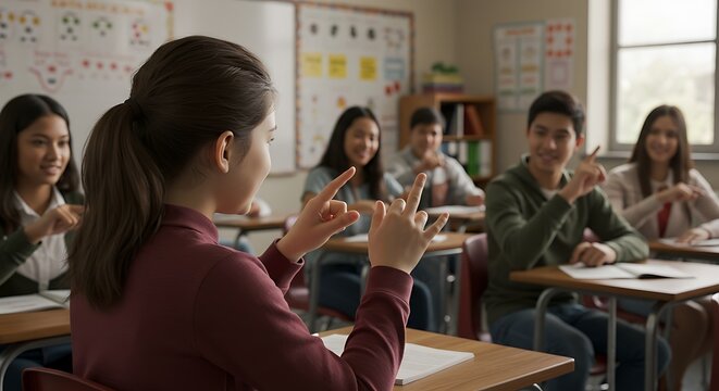 Educator Teaching Sign Language to Diverse Group of Students in Classroom