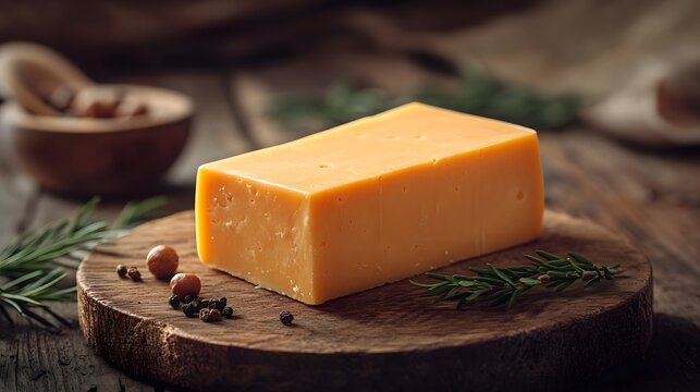 A block of vibrant orange cheddar cheese rests elegantly on a rustic wooden board, complemented by sprigs of rosemary and scattered peppercorns and hazelnuts nearby.
