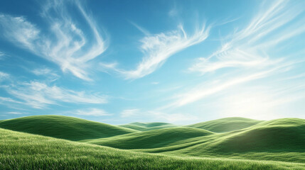 Fototapeta premium realistic landscape of rolling green hills under a bright blue sky with wispy clouds, soft daylight, peaceful and timeless scene