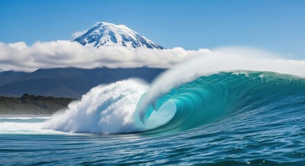 Majestic turquoise wave barrels in front of a snow capped mountain under a clear blue sky