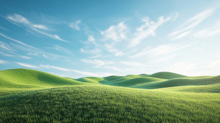 Fototapeta premium realistic landscape of rolling green hills under a bright blue sky with wispy clouds, soft daylight, peaceful and timeless scene