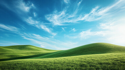 Naklejka premium realistic landscape of rolling green hills under a bright blue sky with wispy clouds, soft daylight, peaceful and timeless scene