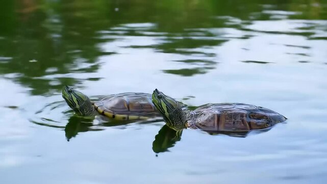 Pond turtles swimming, green reflections