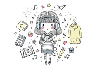 Cute girl holding a phone surrounded by various items 
