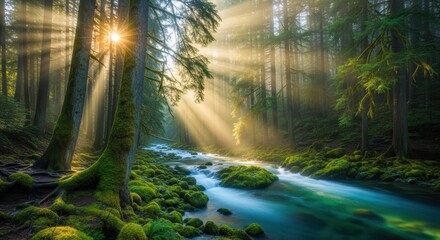 Sunbeams pierce through a misty temperate rainforest illuminating a moss covered riverbed