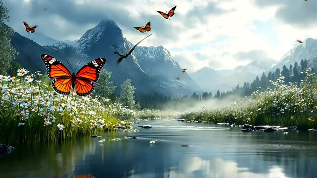 Enchanting butterflies flitting over a serene mountain river landscape in vivid detail