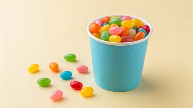 A vibrant blue paper cup overflows with a colorful assortment of jelly beans, with several scattered playfully on a soft cream background, creating a cheerful and inviting sweet scene