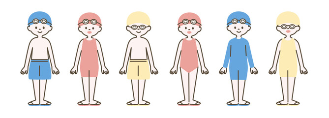 水泳帽をかぶる水着の子どもたちのイラスト