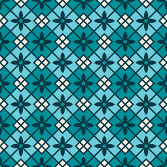 Geometric Floral Square Pattern with Dark Teal and Turquoise Color Palette Seamless Background